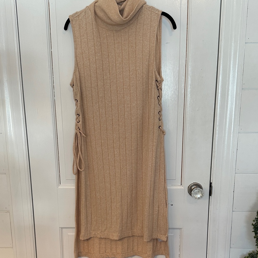 Anthropologie Beige Ribbed‎ Knit Turtleneck Sweater Dress size S EUC